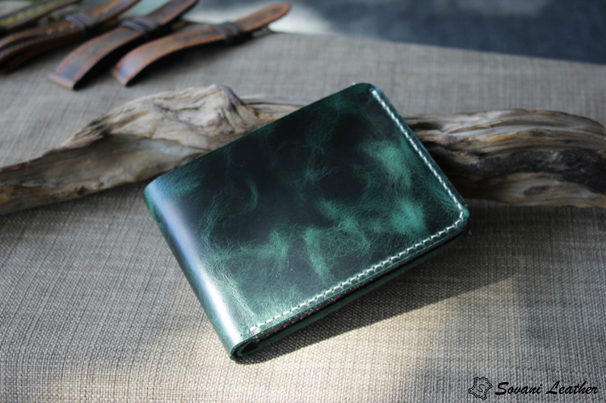 Ví da nam handmade, pullup wax xanh ngọc bích. 22